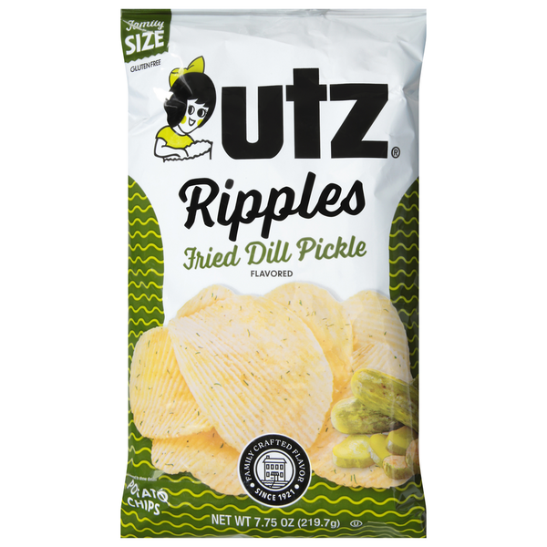 Chips & Pretzels Utz Potato Chips, Fried Dill Pickle, Ripples, Family Size hero