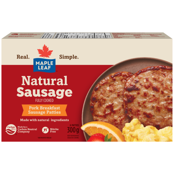 Hot Dogs, Bacon & Sausage Maple Leaf Fully Cooked Natural Pork Breakfast Sausage Patties hero