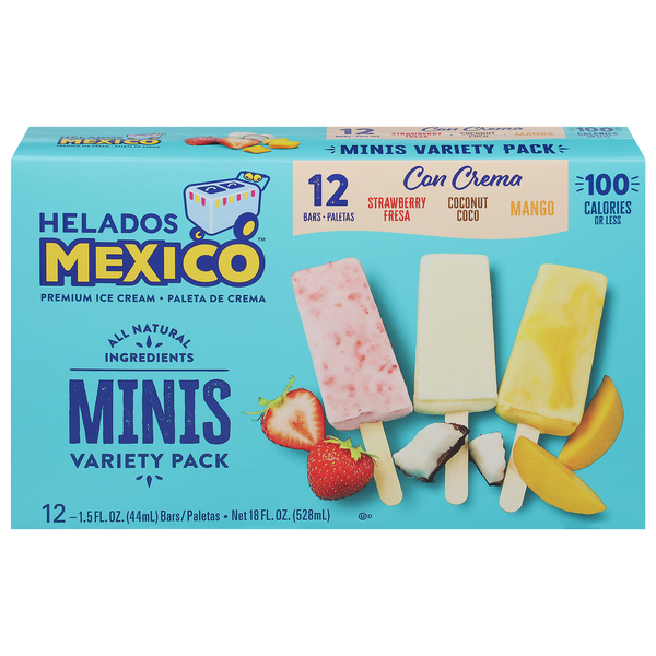 Ice Cream & Ice Helados Mexico Ice Cream Bars, Premium, Strawberry/Coconut/Mango, Minis, Variety Pack hero