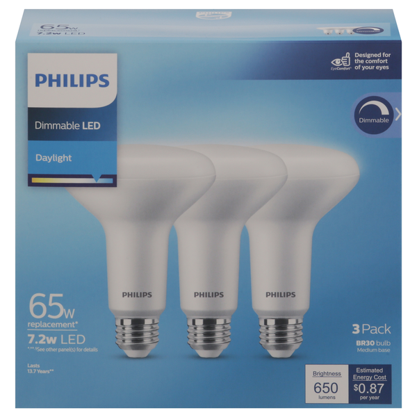 More Household Philips Light Bulbs, LED, Daylight, Dimmable, 7.2 Watts, 3 Pack hero