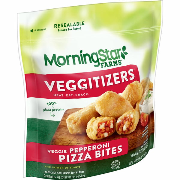 Frozen Appetizers & Sides MorningStar Farms Veggitizers Pizza Bites, Vegan Plant Based Protein, Frozen Snacks, Meatless Pepperoni hero