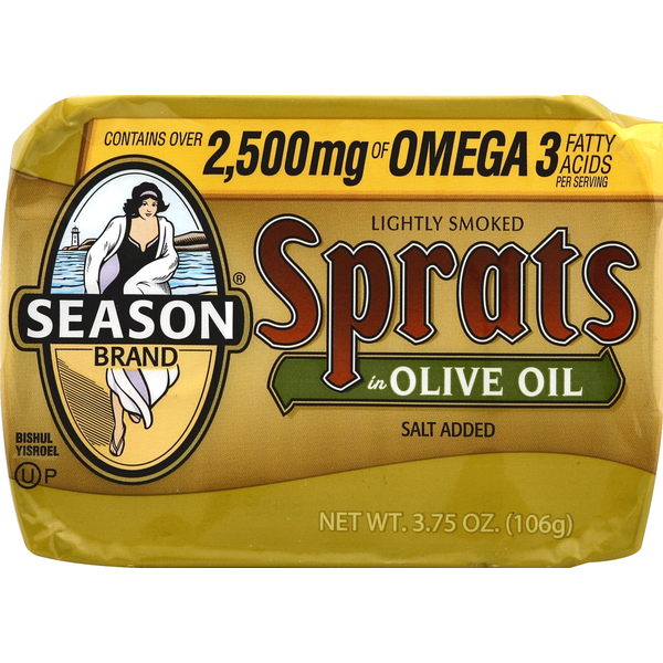 Canned Meat, Seafood & Beans Season Brand Sprats, Lightly Smoked, in Olive Oil, hero