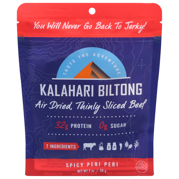 Popcorn & Jerky Kalahari Snacks Beef, Thinly Sliced, Air Dried, Spicy Peri Peri hero