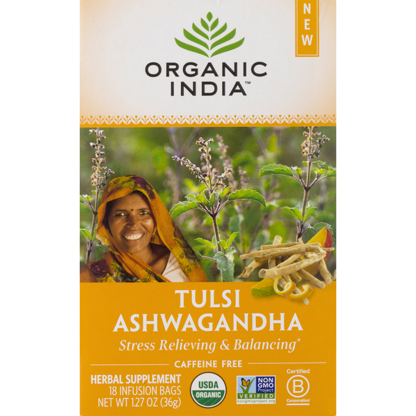 Tea ORGANIC INDIA Tulsi Ashwagandha Caffeine-Free Herbal Tea 18 Ct. Box hero