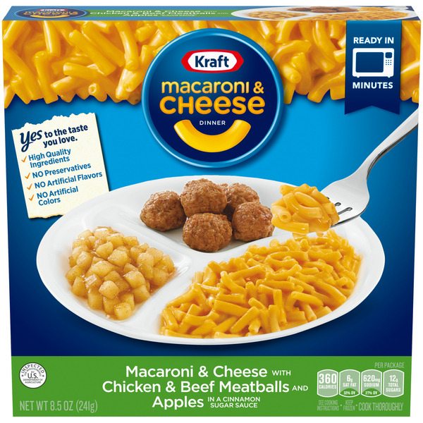 Frozen Meals Kraft Macaroni & Cheese with Chicken & Beef Meatballs and Apples Dinner hero