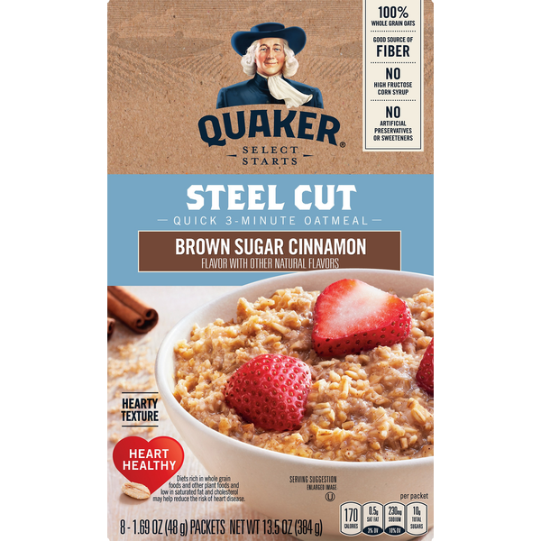 Hot Cereal & Pancake Mixes Quaker Oatmeal, Quick 3-Minute, Steel Cut, Brown Sugar Cinnamon hero