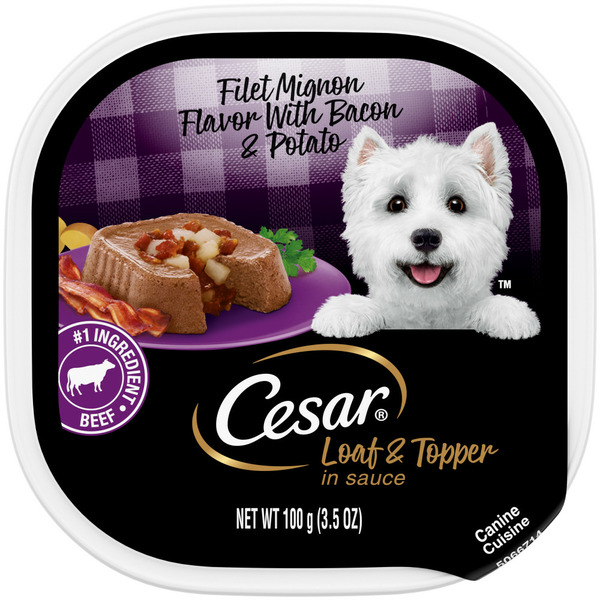 Pasta Sauce Cesar Loaf & Topper in Sauce Soft Wet Dog Food Filet Mignon Flavor with Bacon & Potato hero