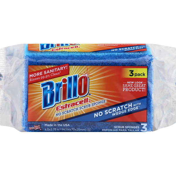 Cleaning Products Brillo Scrub Sponge, No Scratch, Estracell, 3 Pack hero