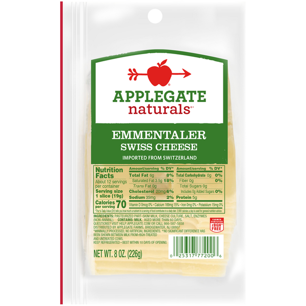 Packaged Cheese Applegate Naturals  Emmentaler Swiss 2/8 Ounce hero