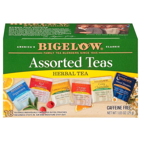 Tea Bigelow Herbal Teas, Caffeine Free, Assorted, Bags hero