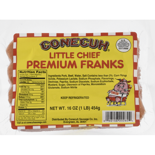 Hot Dogs, Bacon & Sausage Conecuh Franks, Little Chief, Premium hero