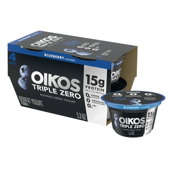 Yogurt Oikos Blueberry 15g Protein, Sugar Free, Nonfat Greek Yogurt Cups hero