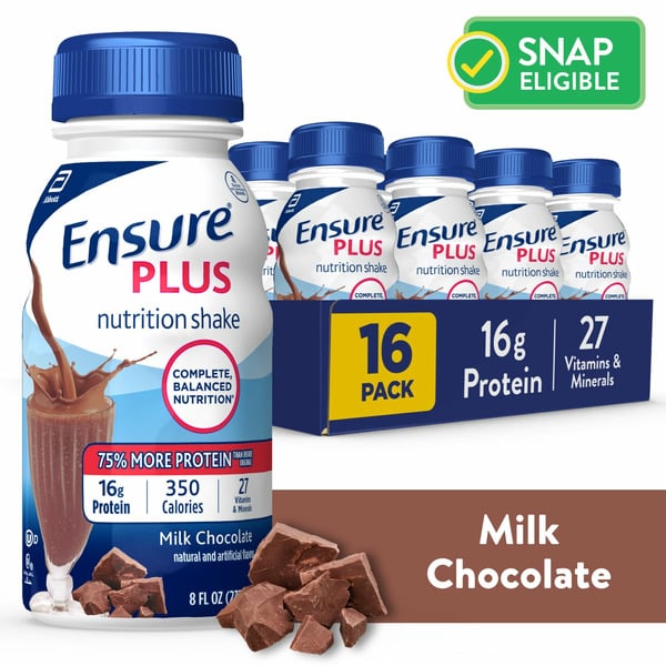 Protein & Meal Replacements Ensure Plus Nutrition Shake Milk Chocolate Ready-to-Drink Bottles hero