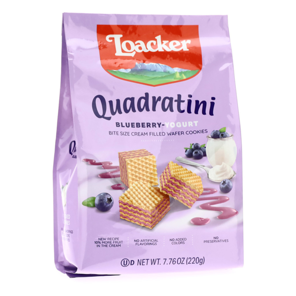 Yogurt Loacker Quadratini Blueberry-Yogurt, Bite-size Wafer Cookies hero