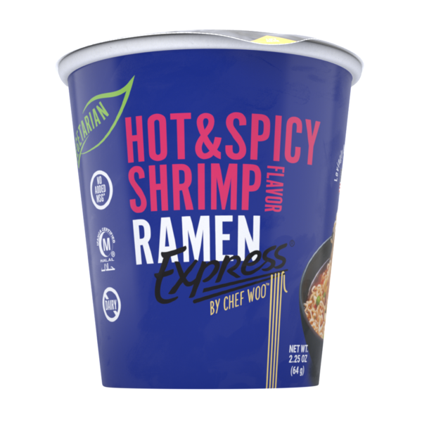 RAMEN EXPRESS by Chef Woo  Hot & Spicy Shrimp Ramen Noodle Cups, by Chef Woo hero