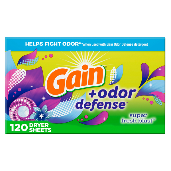 Laundry Gain + Odor Defense Dryer Sheets, Super Fresh Blast Scent hero