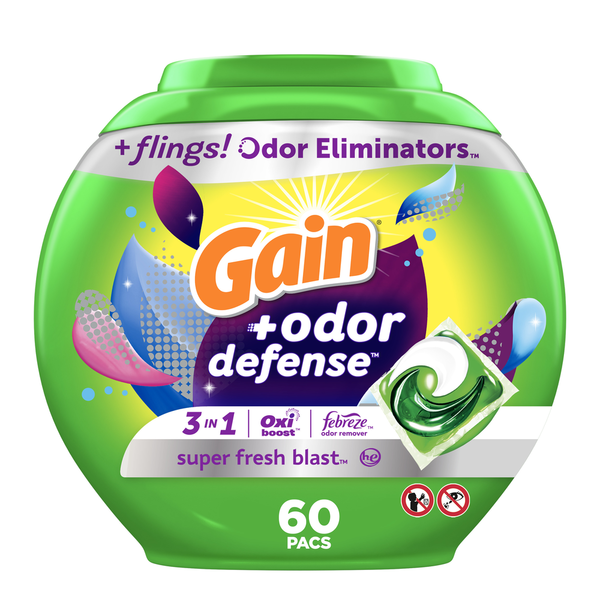 Laundry Gain Flings Odor Defense Laundry Detergent Pacs, Super Fresh hero