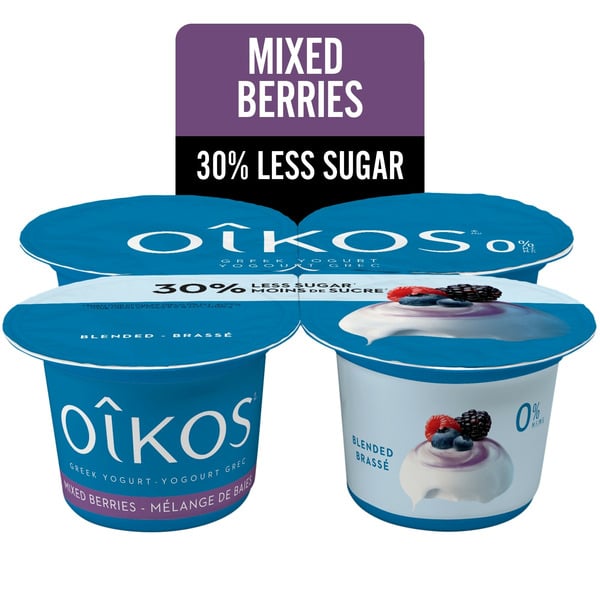 Yogurt Oikos Fat Free Greek Yogurt, 30% Less Sugar, Mixed Berry Flavour, Blended hero