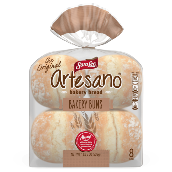 Buns & Rolls Sara Lee Artesano, 8 count, White Bakery Buns hero