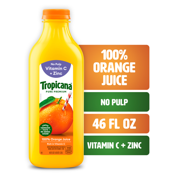 Tropicana 100% Orange Juice Original, No Pulp, Vitamin C + Zinc, 46 fl oz bottle hero