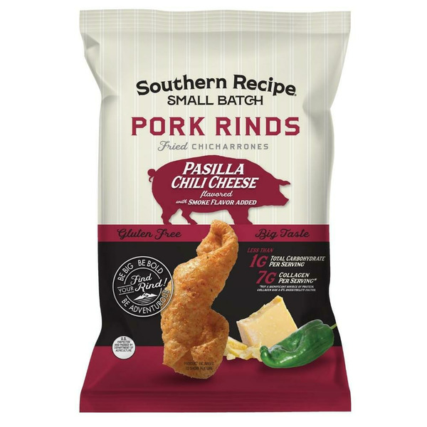 Chips & Pretzels Southern Recipe Small Batch Pasilla Chili Cheese Pork Rinds hero