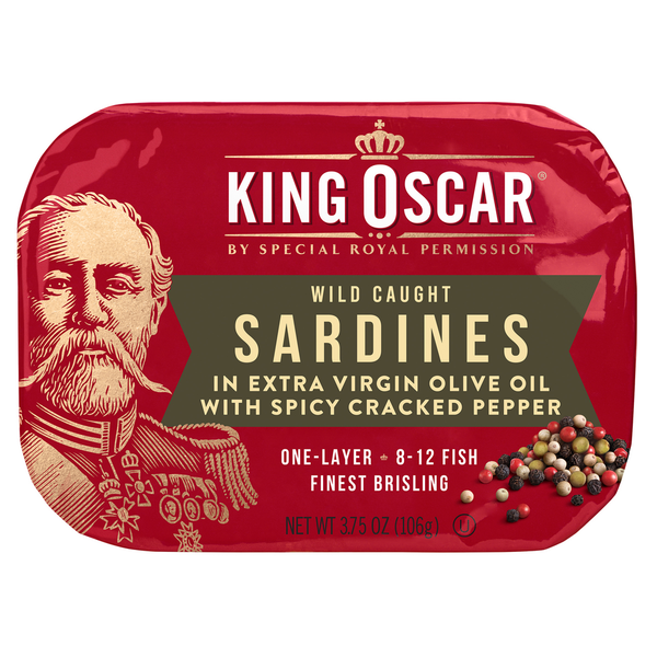 Canned Meat & Seafood King Oscar Sardines 1-Layer in Extra Virgin Olive Oil Cracked Pepper hero