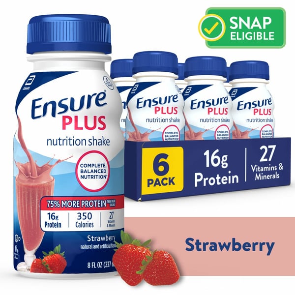 Protein & Meal Replacements Ensure Plus Nutrition Shake Strawberry Ready-to-Drink Bottles hero