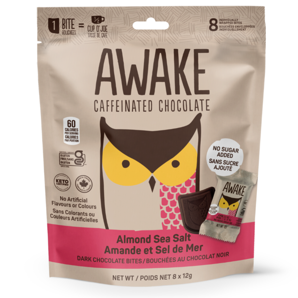 AWAKE Chocolate  No Sugar Added, Caffeinated Dark Chocolate Salted Almond Bites hero