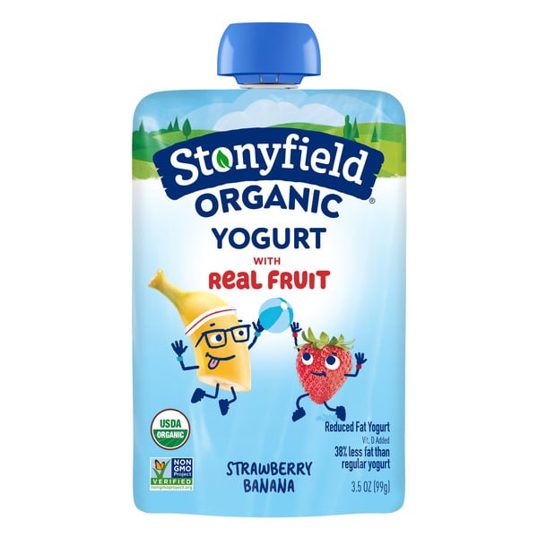 Yogurt Stonyfield Organic Reduced Fat Yogurt Pouch Strawberry Banana hero