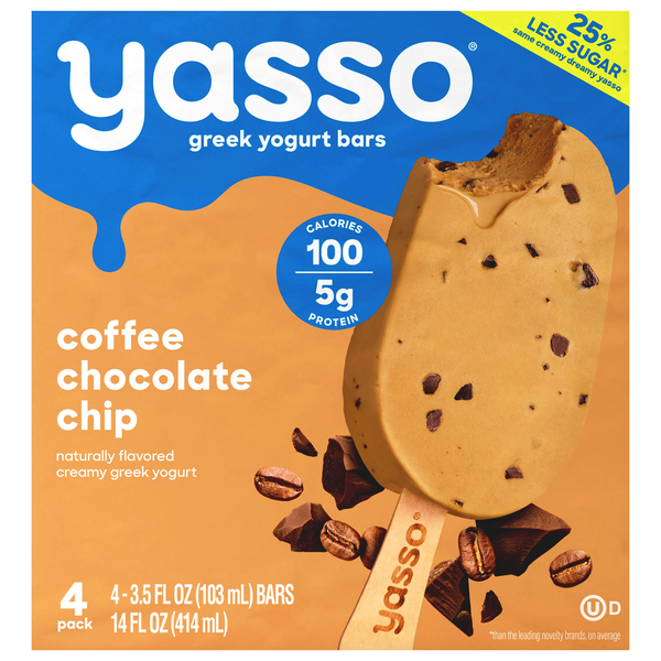 Ice Cream & Ice Yasso Yogurt Bars, Greek, Coffee Chocolate Chip, 4 Pack hero