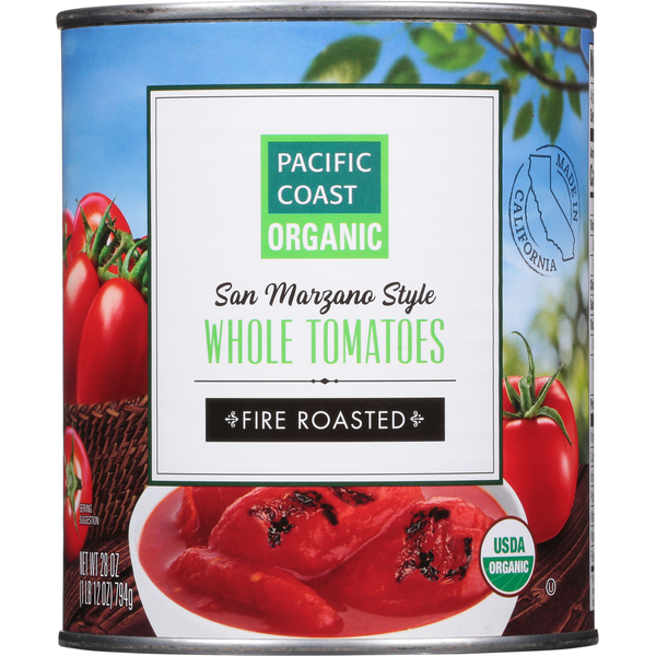 PACIFIC COAST ORGANIC Tomatoes, Whole, Fire Roasted, San Marzano Style hero