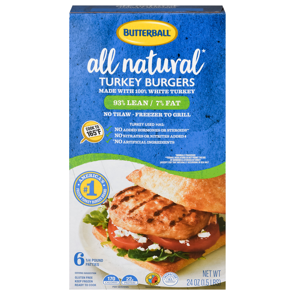 Frozen Meals Butterball Turkey Burgers, 98%/7% hero