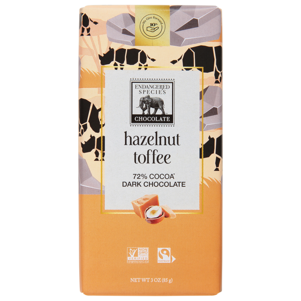 Candy & Chocolate Endangered Species Dark Chocolate, Hazelnut Toffee, 72% Cocoa hero