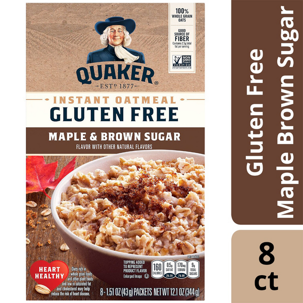 Hot Cereal & Pancake Mixes Quaker Instant Oatmeal, Gluten Free, Maple & Brown Sugar, 8 Pack hero