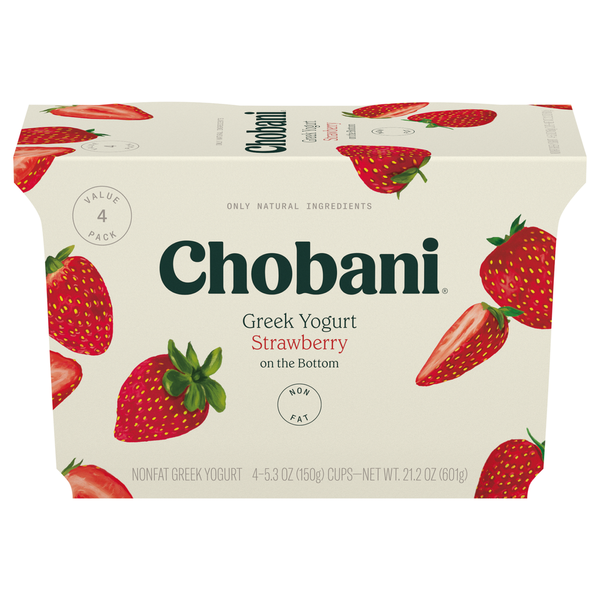 Yogurt Chobani Yogurt, Greek, Nonfat, Strawberry on the Bottom, Value 4 Pack hero