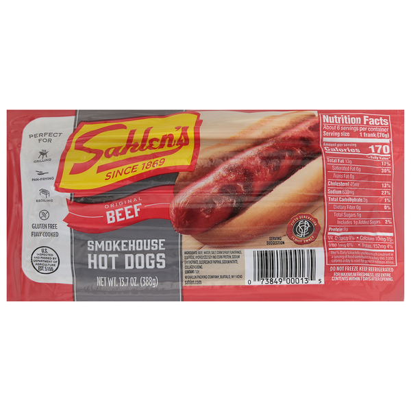 Hot Dogs, Bacon & Sausage Sahlen's Hot Dogs, Smokehouse, Original Beef hero