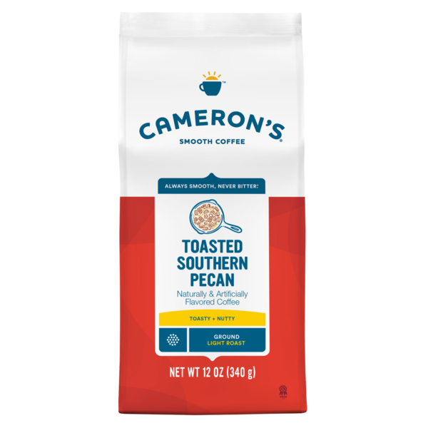 Coffee Cameron's Coffee, Smooth, Ground, Light Roast, Toasted Southern Pecan hero