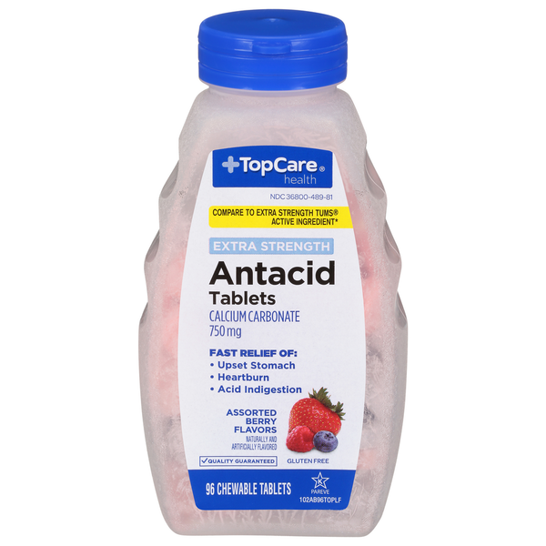 Muscles, Joints & Pain Relief TopCare Antacid, Extra Strength, 750 mg, Chewable Tablets, Assorted Berry Flavors hero