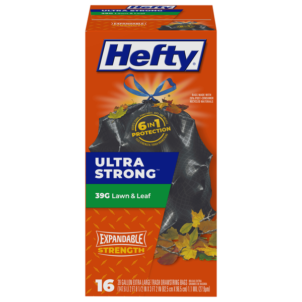 Trash Bags & Liners Hefty Trash Bags, Drawstring, Extra Large, 39 Gallon hero