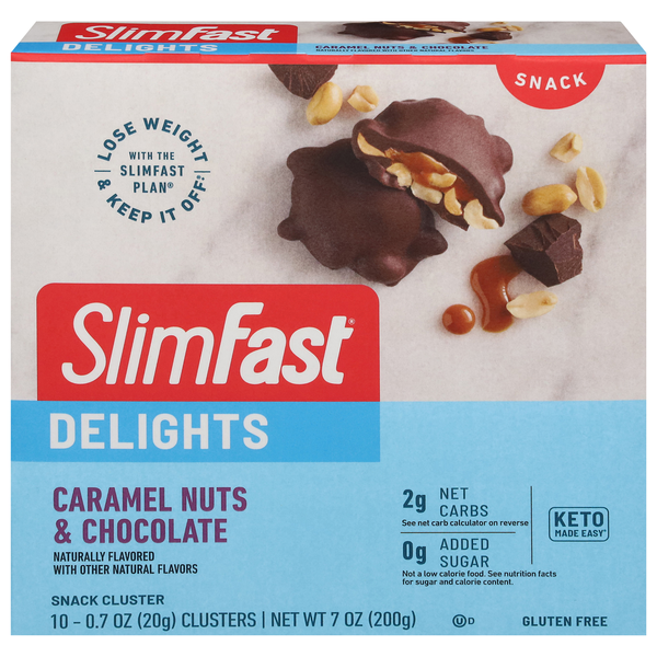 Nuts, Seeds & Dried Fruit SlimFast Clusters, Caramel Nuts & Chocolate, Delights hero