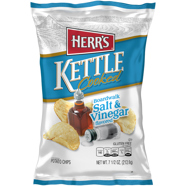 Chips & Pretzels Herr's Potato Chips, Salt & Vinegar Flavored, Kettle Cooked, Boardwalk hero