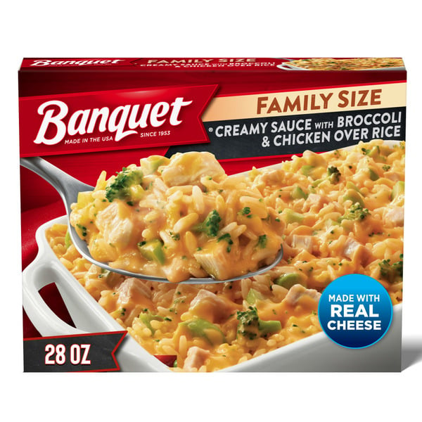 Frozen Meals Banquet Family Size Creamy Sauce with Broccoli and Chicken Over Rice, Frozen Meal hero