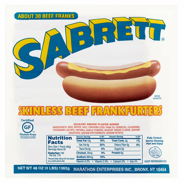 Hot Dogs, Bacon & Sausage Sabrett Skinless Beef Frankfurters hero