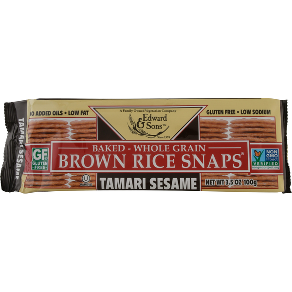 Chips & Pretzels Edward & Sons Baked Brown Rice Snaps, Tamari Sesame hero