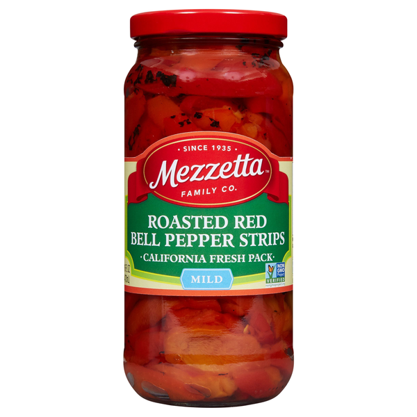 Mezzetta Bell Peppers Strips, Roasted Red, Mild hero