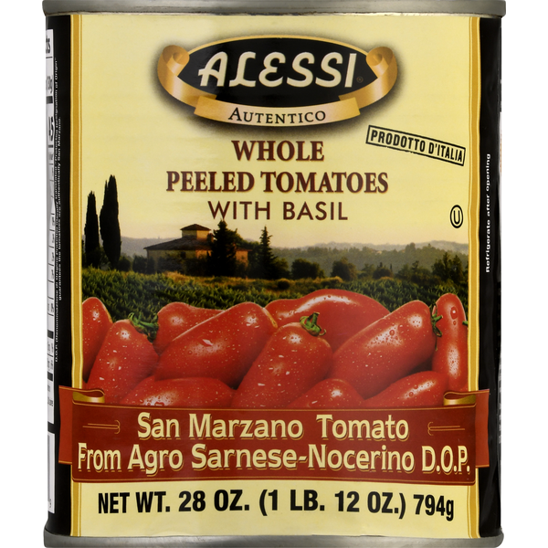 Canned & Jarred Vegetables Alessi Tomatoes, with Basil, Whole, Peeled hero