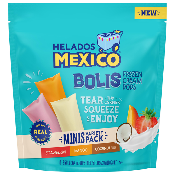 Ice Cream & Ice Helados Mexico Frozen Cream Pops, Strawberry/Mango/Coconut Flavor, Minis, Variety Pack hero