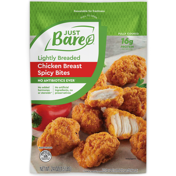 Frozen Meat Just Bare Lightly Breaded Spicy Chicken Breast Bites hero