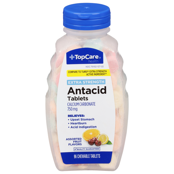 Digestion TopCare Antacid, Extra Strength, 750 mg, Chewable Tablets, Assorted Fruit Flavors hero