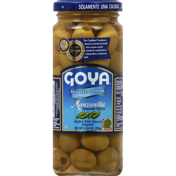 Pickles, Peppers & Olives Goya Olives, Spanish, Manzanilla hero